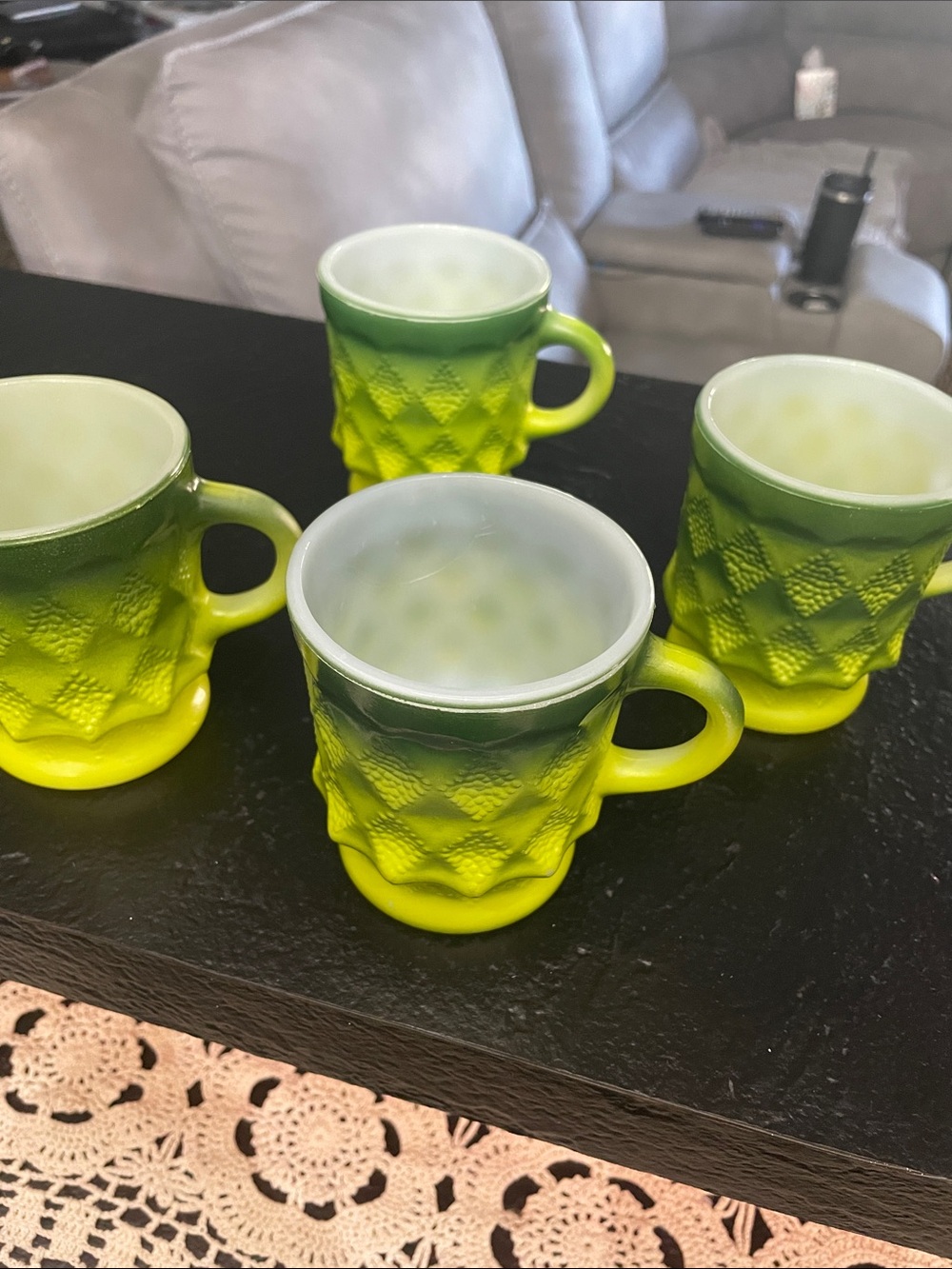 Fire King Kimberly Green Ombre Diamond Textured Glass Mugs - Set of 4